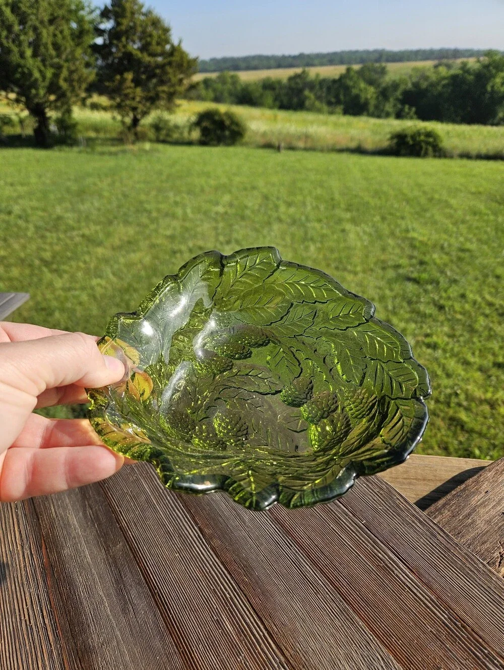 Green glass berry bowl with embossed leaf and berry design  #cottagecore